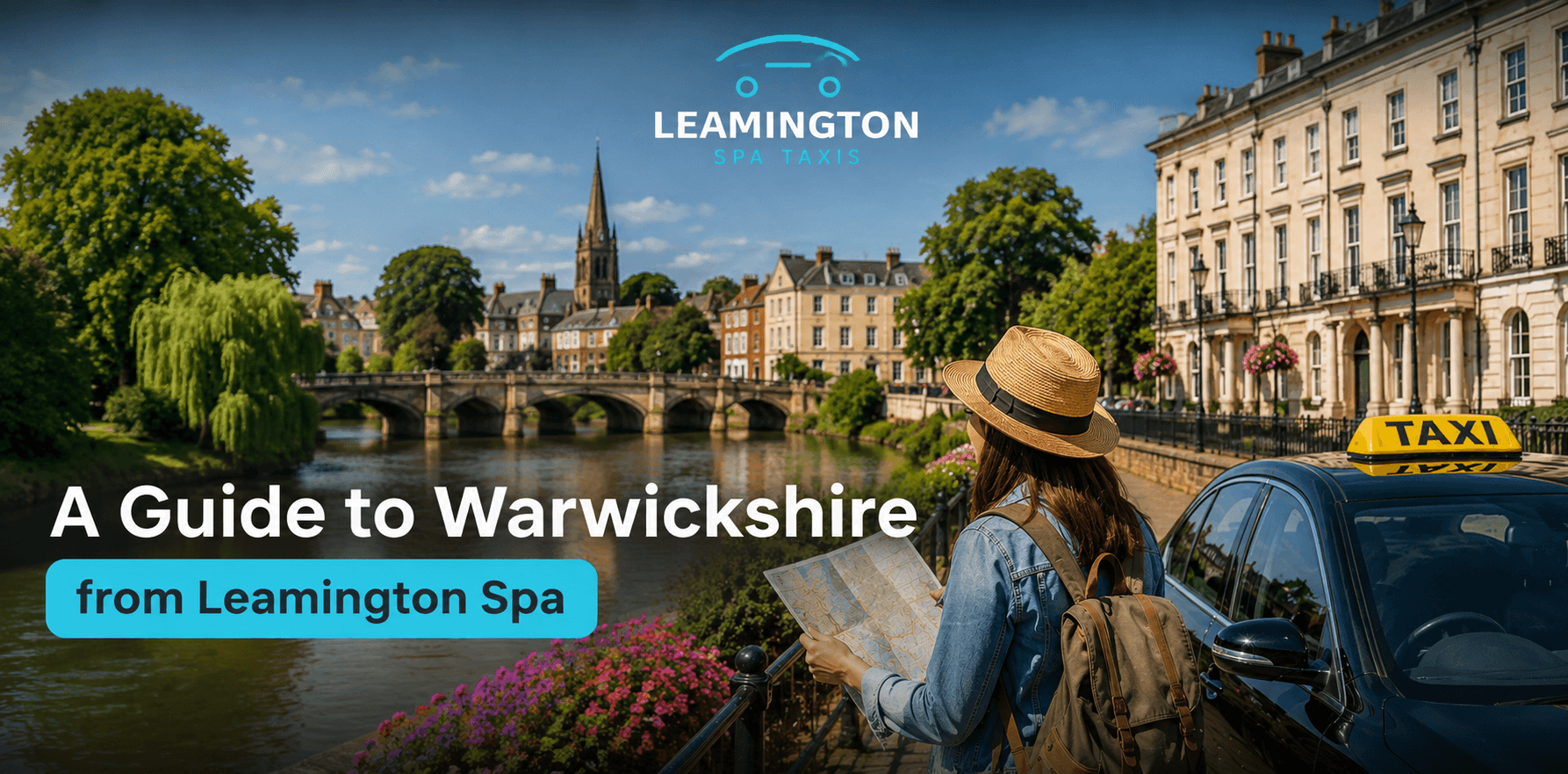 A guidebook cover featuring Warwickshire landmarks, with Leamington Spa highlighted as a starting point for exploration.