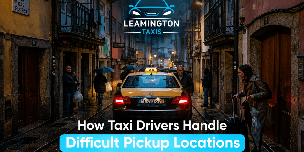 Taxi driver navigating a challenging pick-up location, showcasing skill and adaptability in urban traffic.