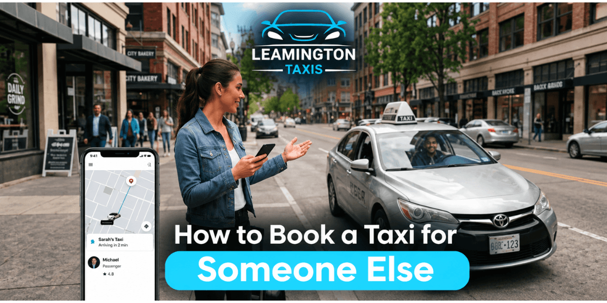 Step-by-step guide on booking a taxi for another person in a different location, featuring screenshots of the app interface.